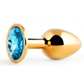 Золотистая анальная пробка с голубым стразом - 7,2 см. - Anal Jewelry Plug - купить с доставкой в Вологде