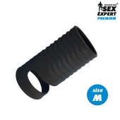 Черная открытая насадка на пенис с кольцом для мошонки size M - 7,9 см. - Sex Expert - в Вологде купить с доставкой
