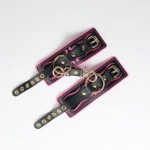 Черные кожаные наручники с розовой строчкой - Crazy Handmade - купить с доставкой в Вологде