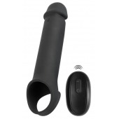 Черная вибронасадка для пениса с хомутом для мошонки и пультом ДУ Remote Controlled Penis Extension - Orion - в Вологде купить с доставкой