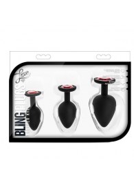 Набор черных анальных пробок с красным кристаллом-сердечком Bling Plugs Training Kit - Blush Novelties - купить с доставкой в Вологде