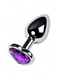 Серебристая коническая анальная пробка с фиолетовым кристаллом-сердечком - 7 см. - ToyFa - купить с доставкой в Вологде