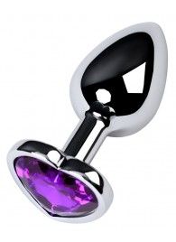Серебристая коническая анальная пробка с фиолетовым кристаллом-сердечком - 7 см. - ToyFa - купить с доставкой в Вологде