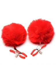 Красные зажимы на соски с помпонами Pom Pom - XR Brands - купить с доставкой в Вологде
