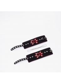 Черные кожаные наручники с красным декором и строчкой - Crazy Handmade - купить с доставкой в Вологде