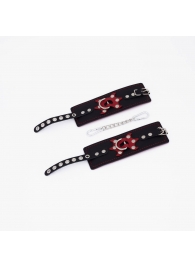 Черные кожаные наручники с красным декором и строчкой - Crazy Handmade - купить с доставкой в Вологде