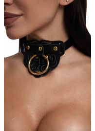 Черный фигурный кожаный ошейник с золотистой фурнитурой - Crazy Handmade - купить с доставкой в Вологде
