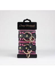 Черные кожаные наручники с розовой строчкой - Crazy Handmade - купить с доставкой в Вологде
