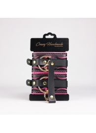 Черные кожаные оковы с розовой строчкой - Crazy Handmade - купить с доставкой в Вологде