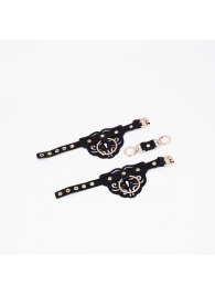 Черные кожаные наручники с клепками, кольцами и золотистой фурнитурой - Crazy Handmade - купить с доставкой в Вологде