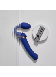 Синий безремневой страпон Multi Orgasm Bendable Strap-On size L с клиторальной стимуляцией - Strap-on-me - купить с доставкой в Вологде