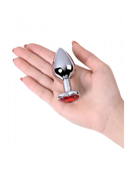 Серебристая коническая анальная пробка с красным кристаллом-сердечком - 7 см. - ToyFa - купить с доставкой в Вологде