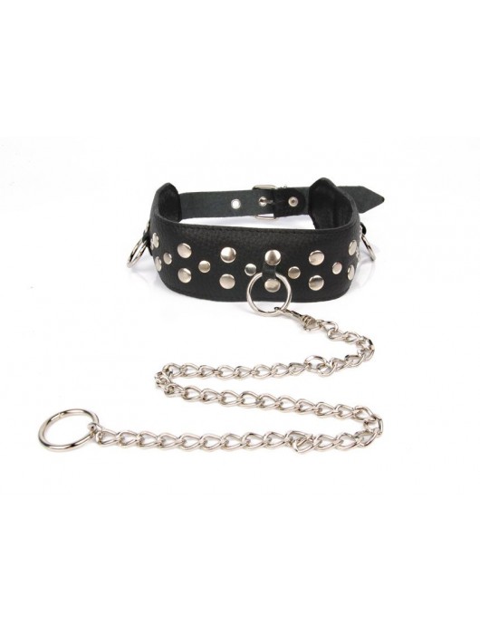Черный ошейник с заклепками с металлическим поводком-цепочкой - Notabu - купить с доставкой в Вологде
