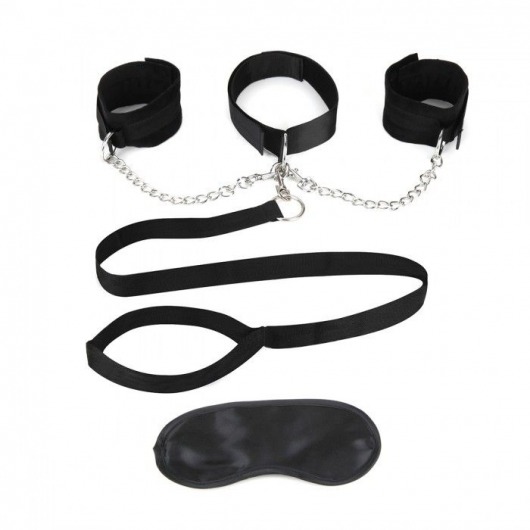 Чёрный ошейник с наручниками и поводком Collar Cuffs   Leash Set - Lux Fetish - купить с доставкой в Вологде
