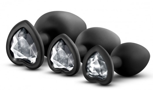 Набор из 3 черных пробок с прозрачным кристаллом-сердечком Bling Plugs Training Kit - Blush Novelties - купить с доставкой в Вологде