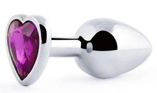 Серебристая анальная пробка с фиолетовым кристаллом-сердечком - 8 см. - Anal Jewelry Plug - купить с доставкой в Вологде