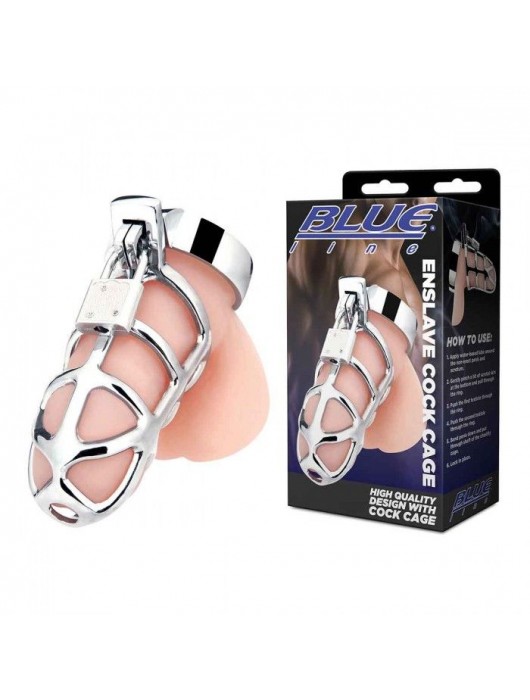 Серебристая металлическая клетка для члена с замком Enslave Cock Cage - BlueLine - купить с доставкой в Вологде