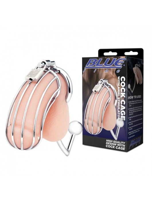 Серебристая металлическая клетка с анальным стимулятором Cock Cage - BlueLine - купить с доставкой в Вологде