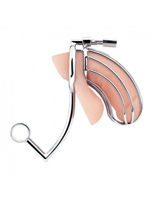 Серебристая металлическая клетка с анальным стимулятором Cock Cage - BlueLine - купить с доставкой в Вологде