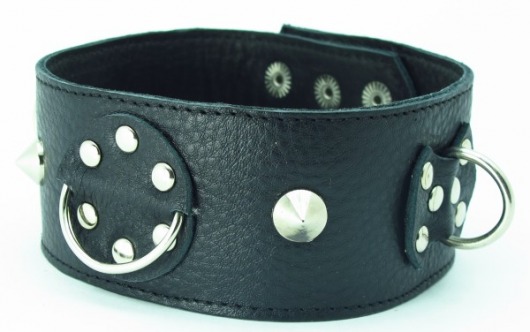 Чёрный кожаный ошейник с кольцами и клёпками - БДСМ Арсенал - купить с доставкой в Вологде