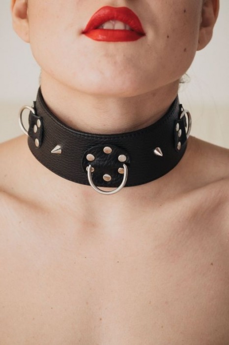 Чёрный кожаный ошейник с кольцами и клёпками - БДСМ Арсенал - купить с доставкой в Вологде