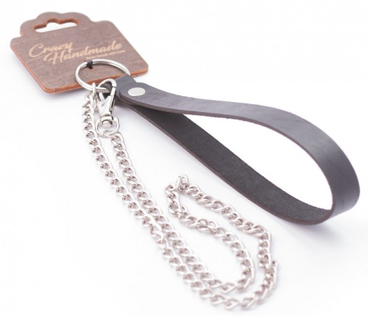 Серебристый металлический поводок с кожаной черной ручкой - 80 см. - Crazy Handmade - купить с доставкой в Вологде