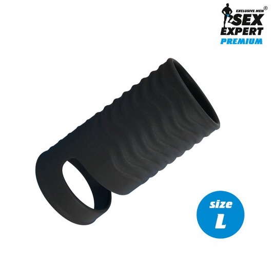 Черная открытая насадка на пенис с кольцом для мошонки L-size - 8,5 см. - Sex Expert - в Вологде купить с доставкой