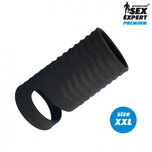 Черная открытая насадка на пенис с кольцом для мошонки XXL-size - 9,4 см. - Sex Expert - в Вологде купить с доставкой