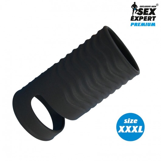Черная открытая насадка на пенис с кольцом для мошонки XXXL-size - 9,9 см. - Sex Expert - в Вологде купить с доставкой