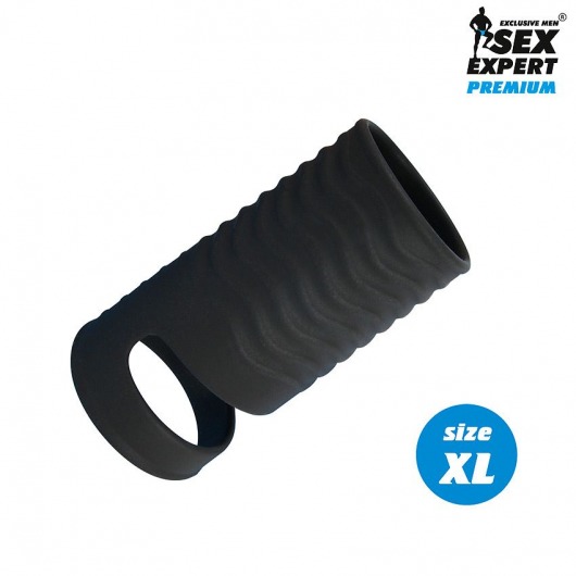 Черная открытая насадка на пенис с кольцом для мошонки XL-size - 8,9 см. - Sex Expert - в Вологде купить с доставкой