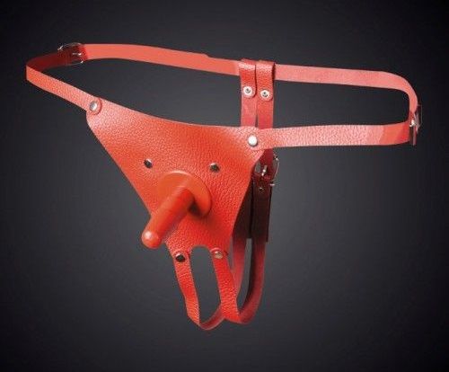 Красные кожаные универсальные трусики со штырьком для насадок - Sitabella - купить с доставкой в Вологде