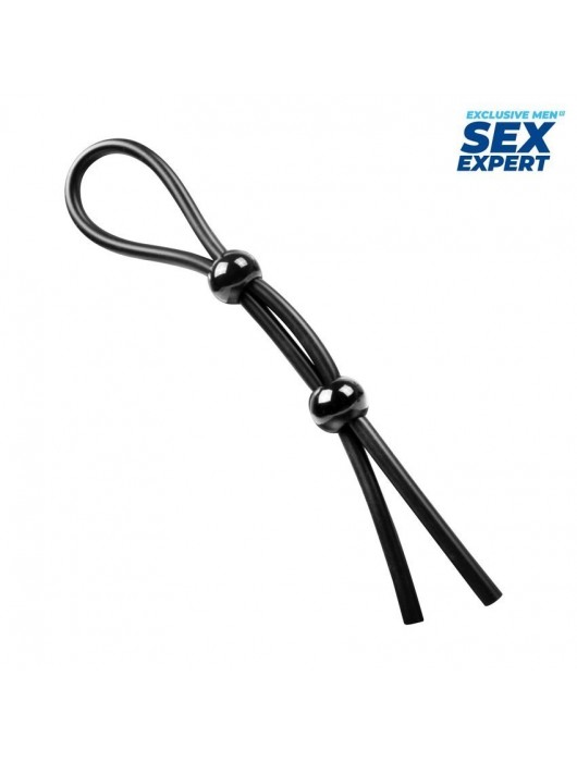 Черное силиконовое лассо с двумя шариками для утяжки - Sex Expert - в Вологде купить с доставкой
