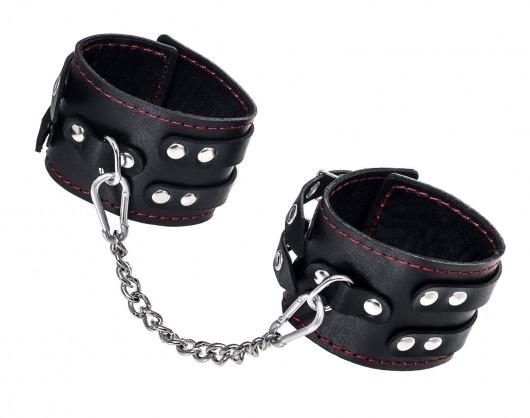 Черные кожаные оковы с двумя ремнями и контрастной строчкой - Pecado - купить с доставкой в Вологде