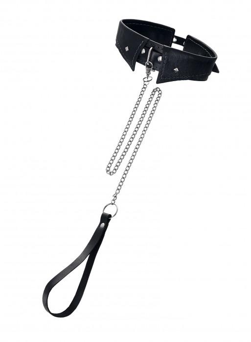 Черный кожаный ошейник-воротник с поводком - Pecado - купить с доставкой в Вологде