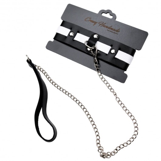 Черно-белый кожаный ошейник с поводком-цепочкой - Crazy Handmade - купить с доставкой в Вологде