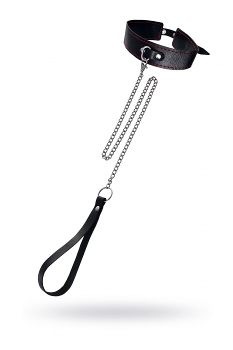 Кожаный двухслойный ошейник с красной строчкой и поводком - Pecado - купить с доставкой в Вологде