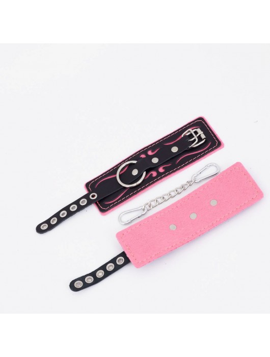 Черно-розовые кожаные наручники с розовой строчкой - Crazy Handmade - купить с доставкой в Вологде