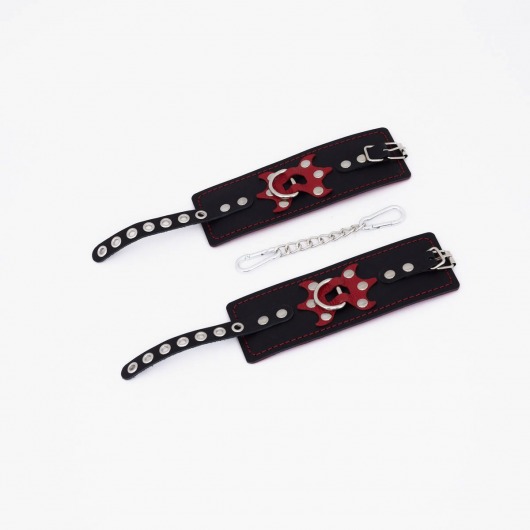 Черные кожаные наручники с красным декором и строчкой - Crazy Handmade - купить с доставкой в Вологде