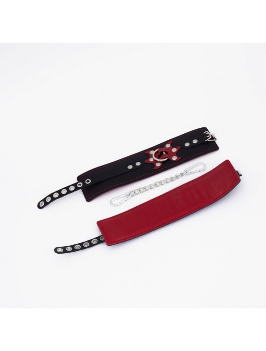 Черные кожаные оковы с красным декором и строчкой - Crazy Handmade - купить с доставкой в Вологде