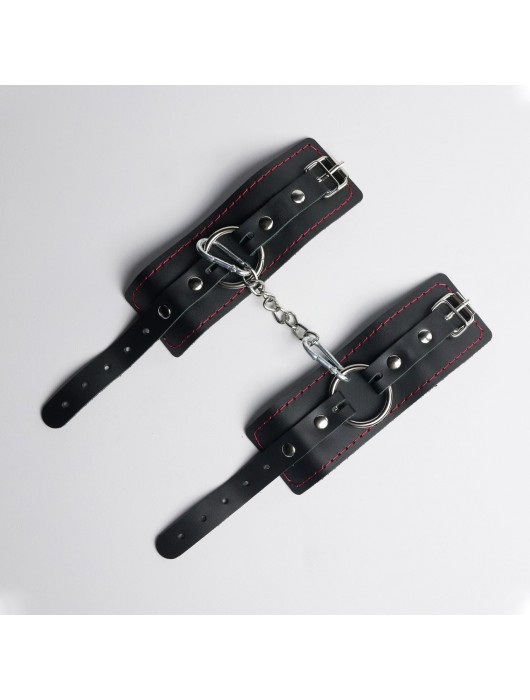 Черные кожаные наручники с красной строчкой - Crazy Handmade - купить с доставкой в Вологде