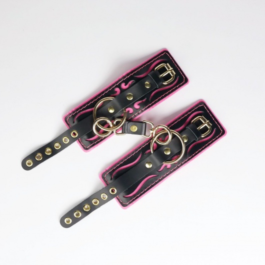 Черные кожаные наручники с розовой строчкой - Crazy Handmade - купить с доставкой в Вологде