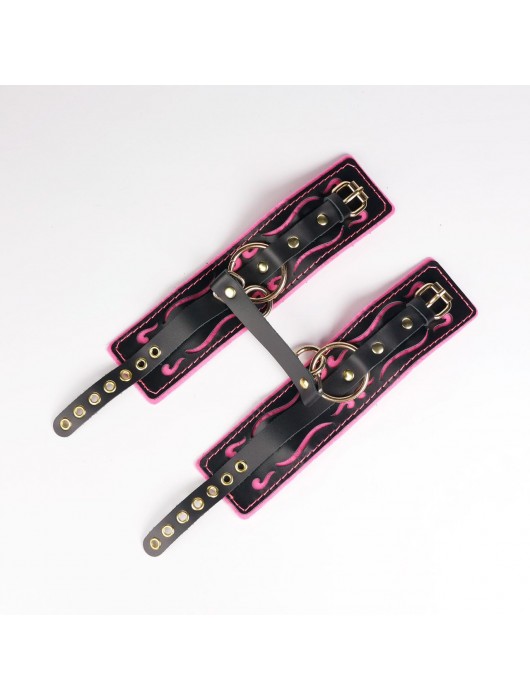 Черные кожаные оковы с розовой строчкой - Crazy Handmade - купить с доставкой в Вологде