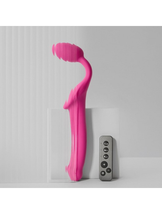 Ярко-розовый безремневой страпон Strap-on-me Vibrating Bendable Strap-On size L - Strap-on-me - купить с доставкой в Вологде