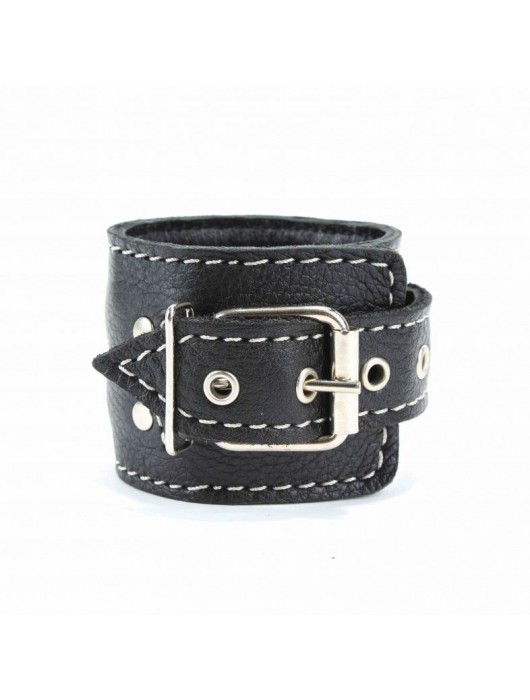 Чёрные кожаные наручники с крупной строчкой - БДСМ Арсенал - купить с доставкой в Вологде